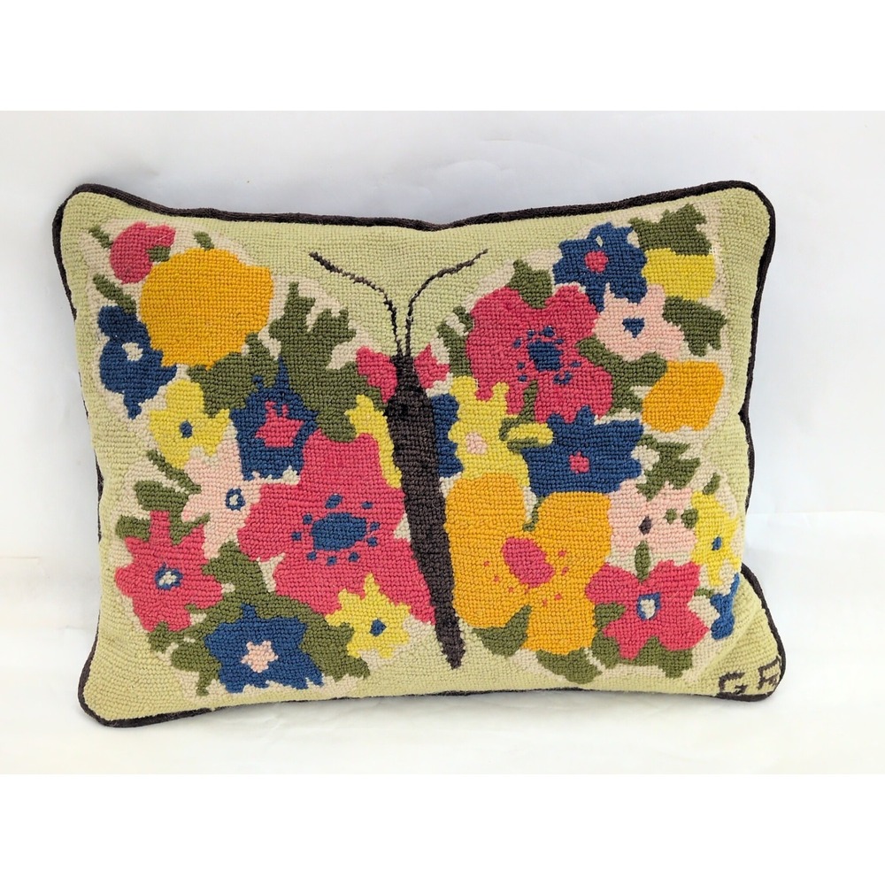 Vintage Needlepoint Cottagecore Butterfly Throw Pillow Multicolor Beige